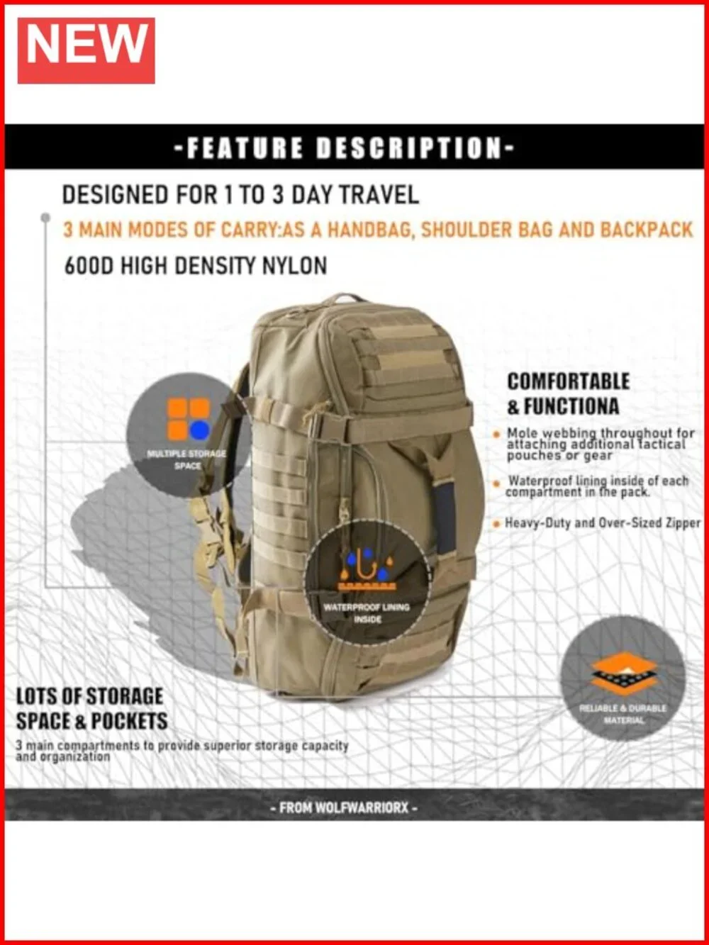 Large Tactical Duffle Bag Backpack - 45L Waterproof Nylon Weekender Gym Bag for